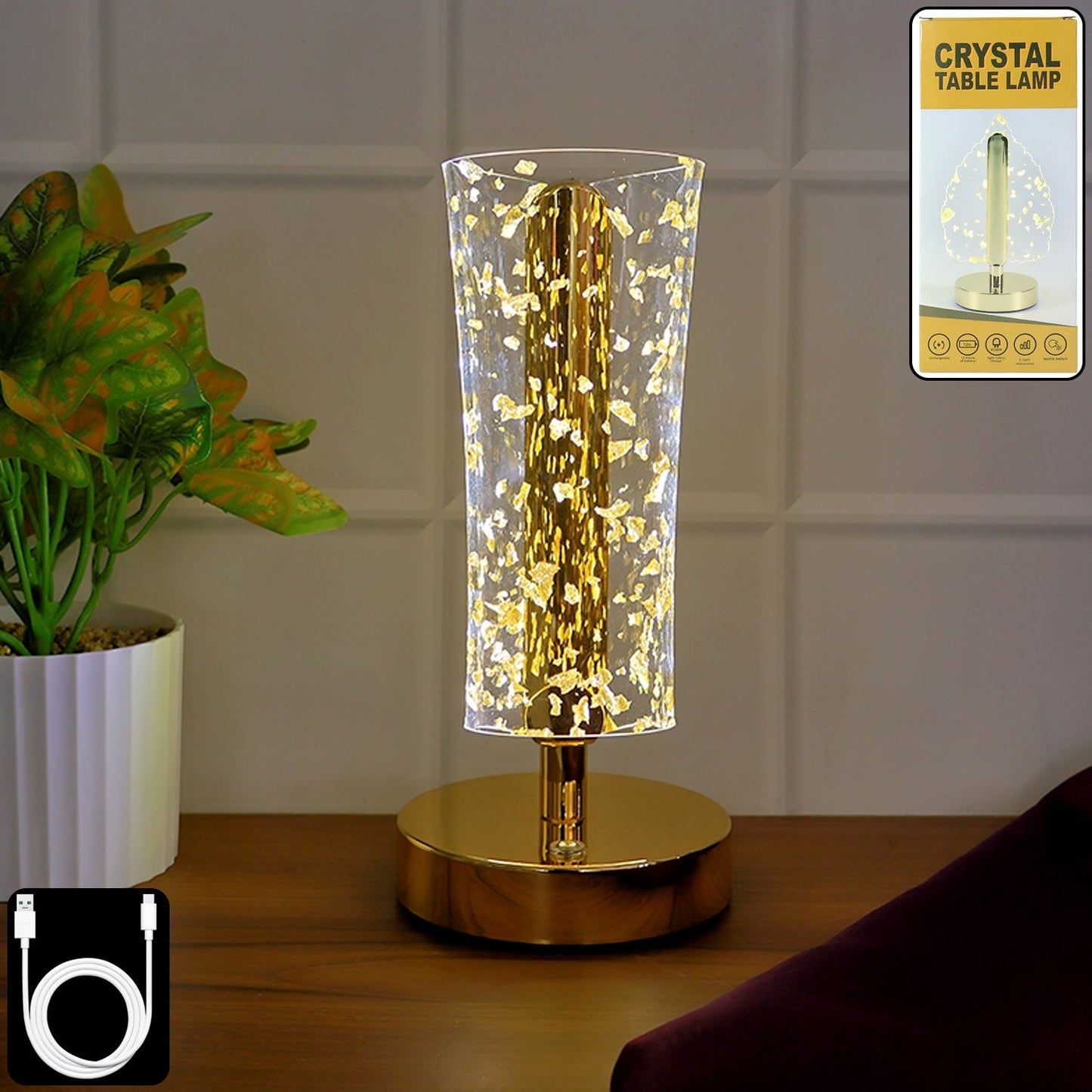 Crystal LED table lamp with golden flakes and elegant acrylic shade