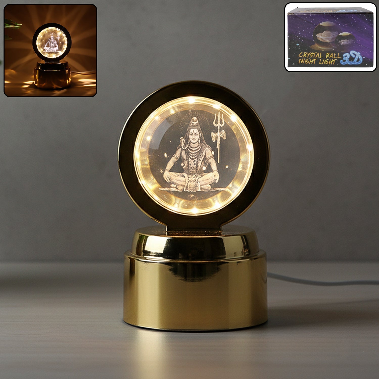 Mahadev 3D Crystal Ball Night Light glowing on rotating base