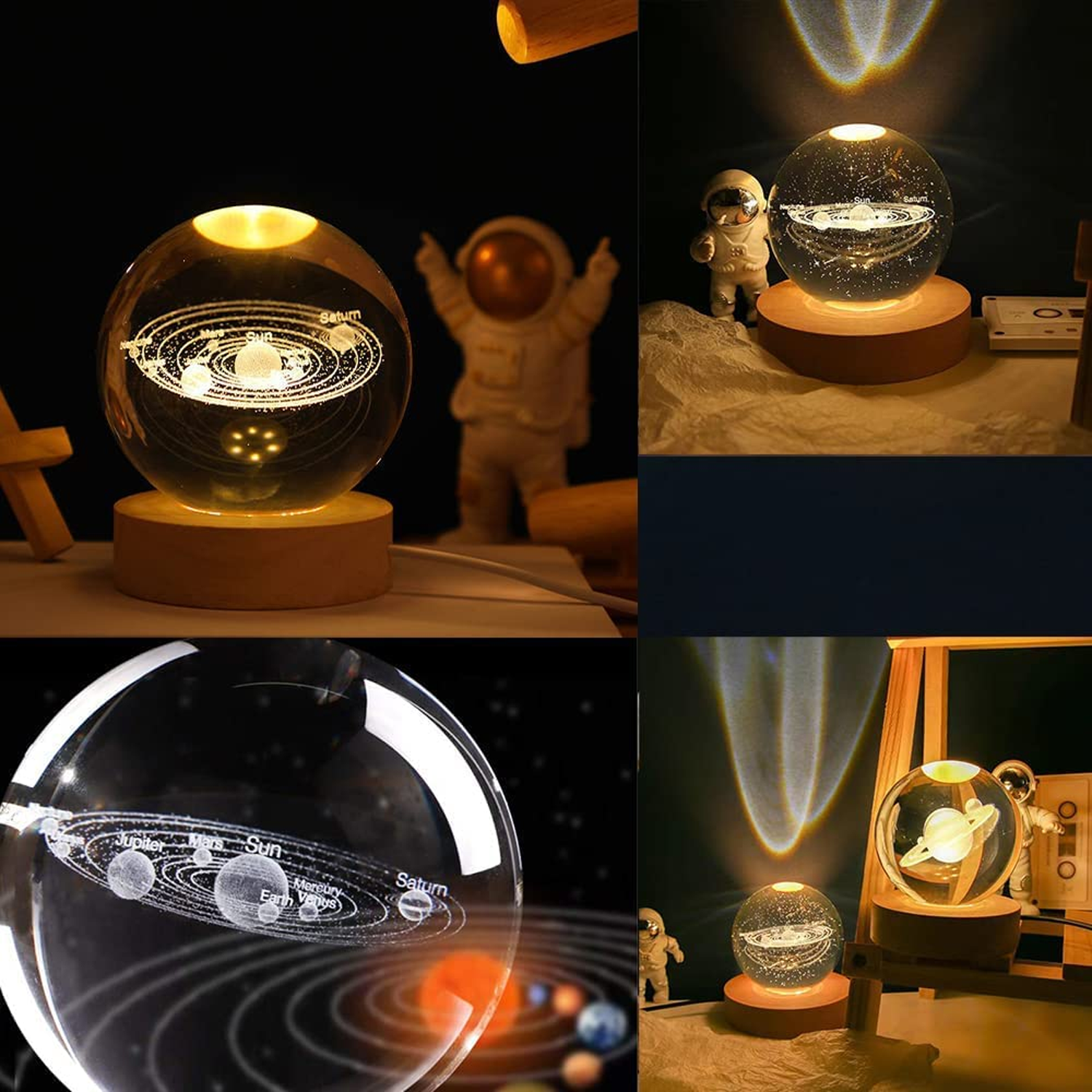Close-up of 3D crystal engraving glowing with warm LED light