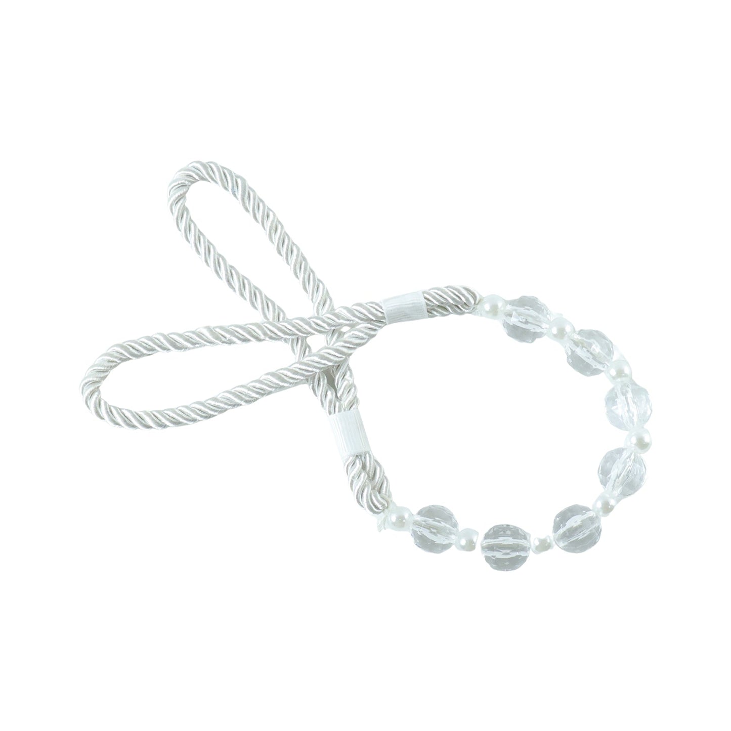 Pearl beaded curtain tieback rope in use for home decor