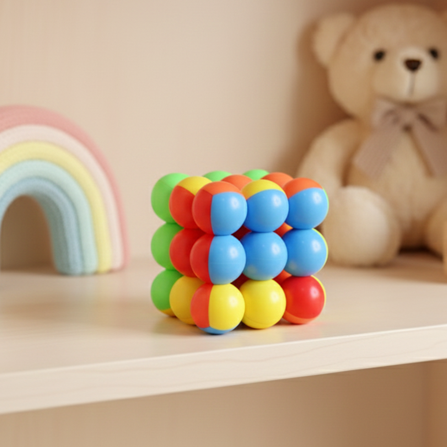 Close-up of the colorful puzzle cube with smooth balls for cognitive play