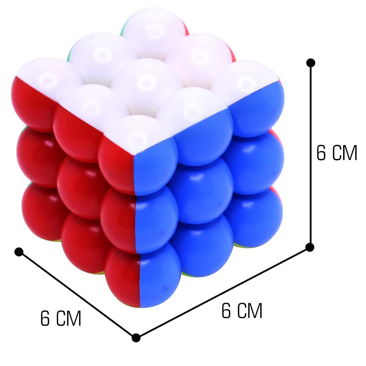 Speed Ball Cube Toy with size chart showing 6 cm cube dimensions