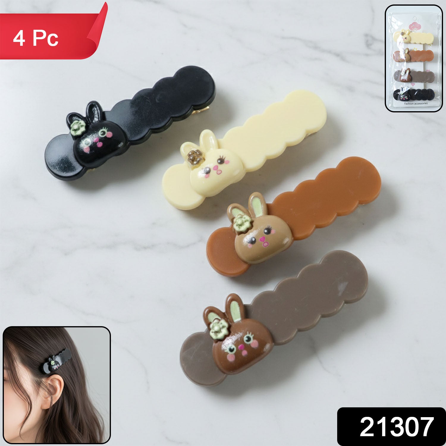 Bunny design snap clip hair accessory set for women