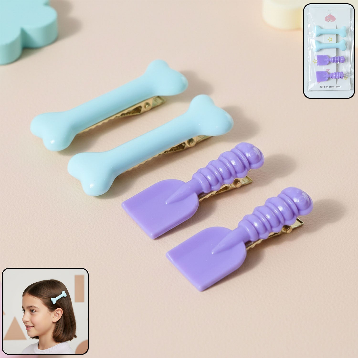 Cartoon hair clip set with bone and spade shapes for kids