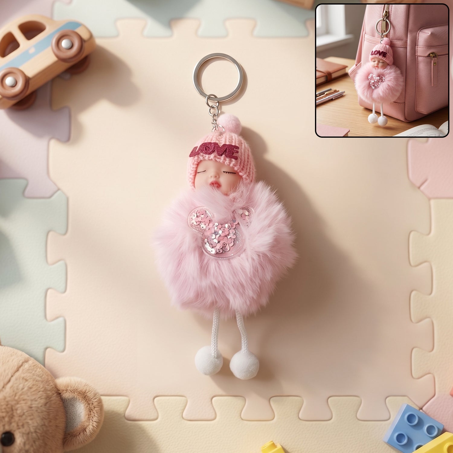 Plush doll keychain with cute sleeping face and soft fur ball attached on metal ring