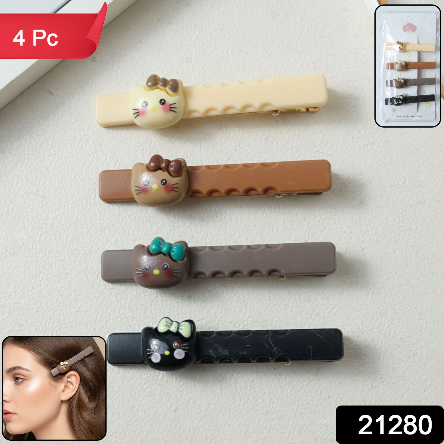 Close-up of cat design snap hair clips for girls and women