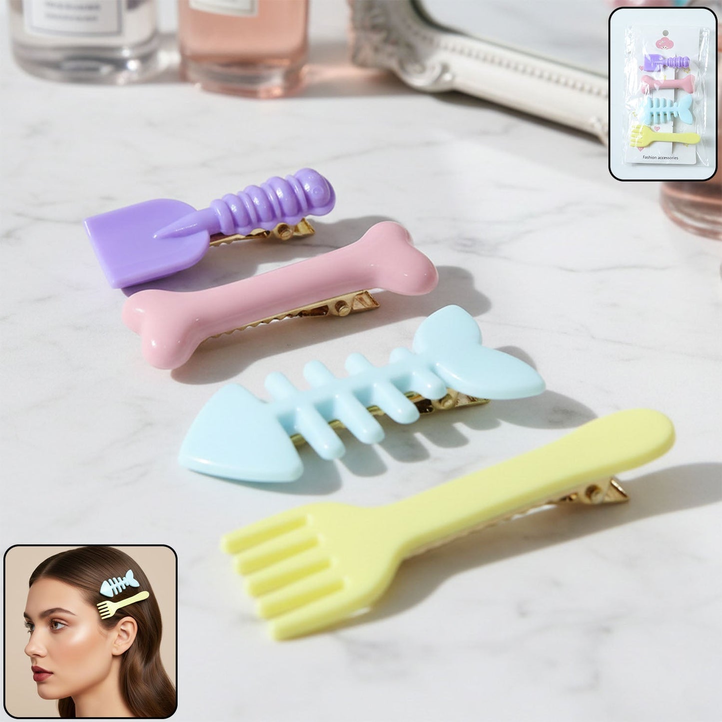 Set of 4 food shape hair clips featuring fork, fish bone, and drumstick designs