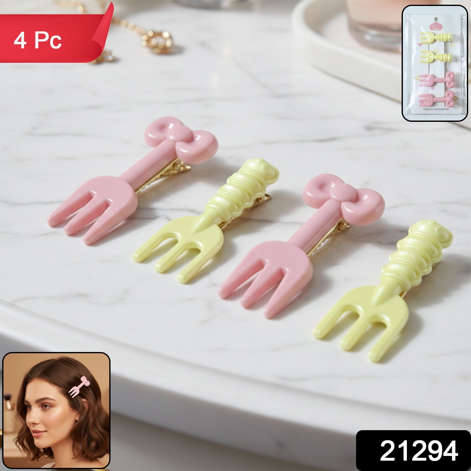 Set of 4 pastel mini fork-shaped hair clips for girls and women