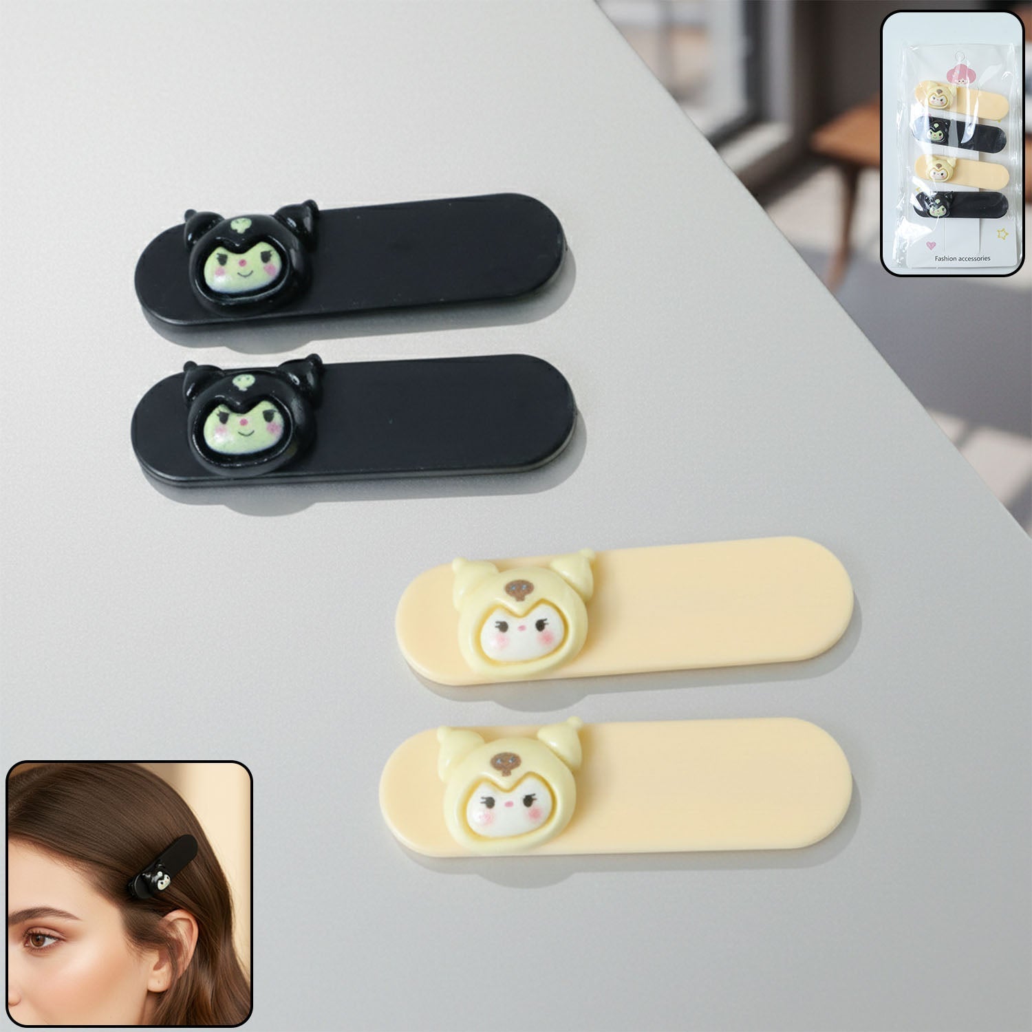 Set of 4 cartoon character hair clips with cute snap design