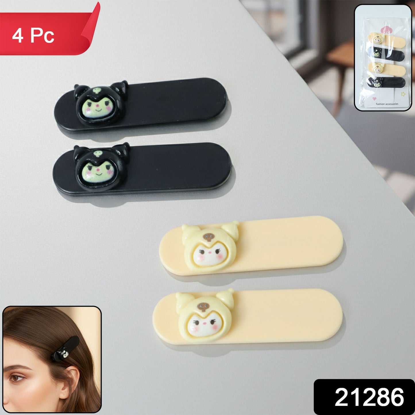 Close-up of snap hair clips featuring playful cartoon characters