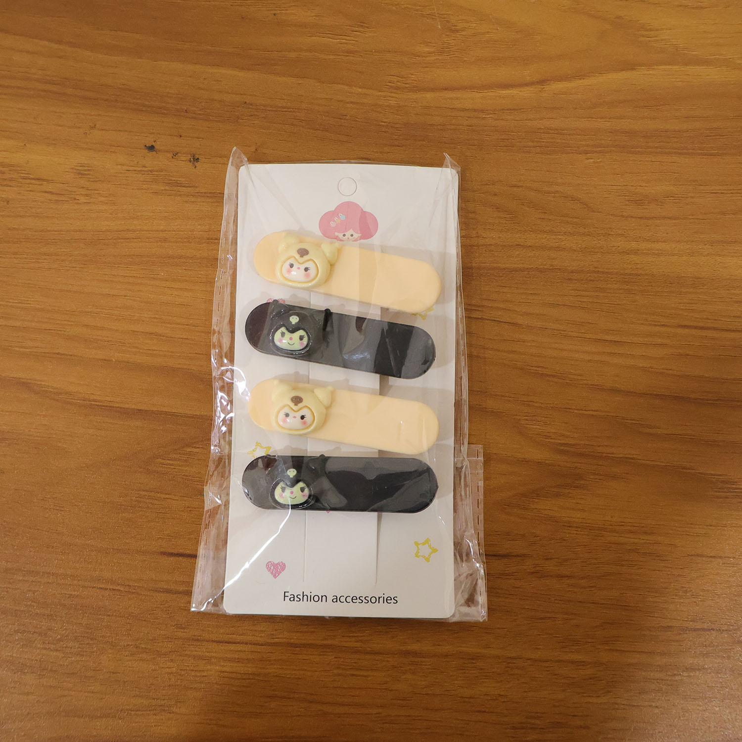 Model wearing cartoon character hair clips for everyday styling