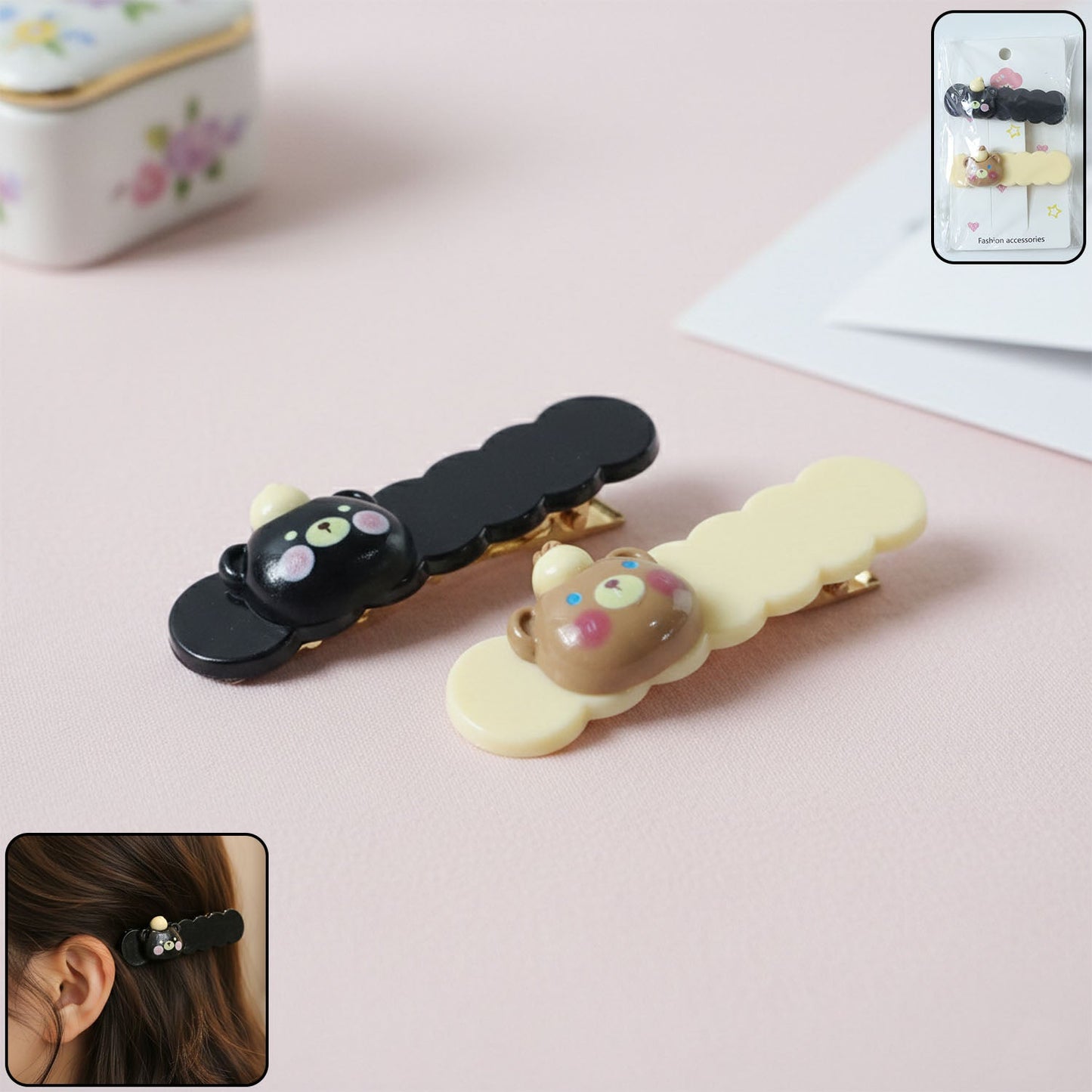 Set of 2 cute teddy hair clips with cartoon bear design