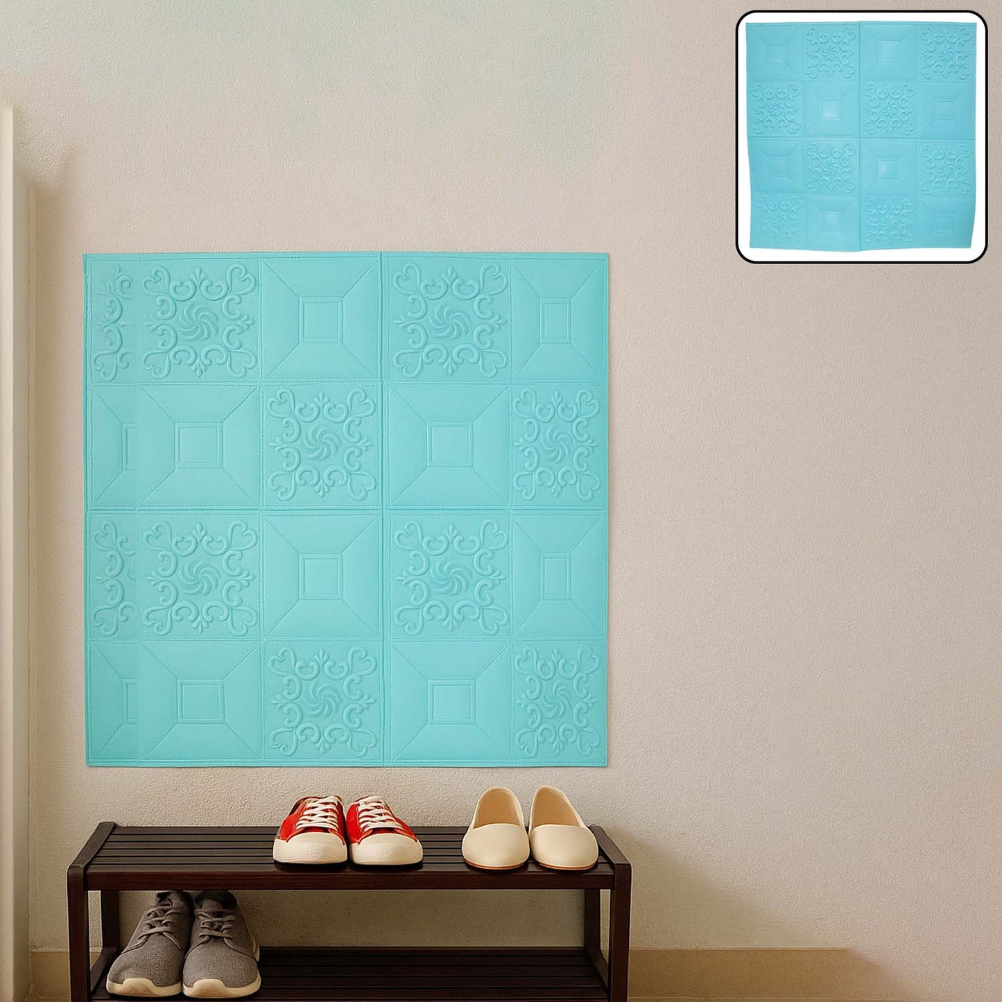 3D foam wallpaper panel in cyan color measuring 70x70 cm