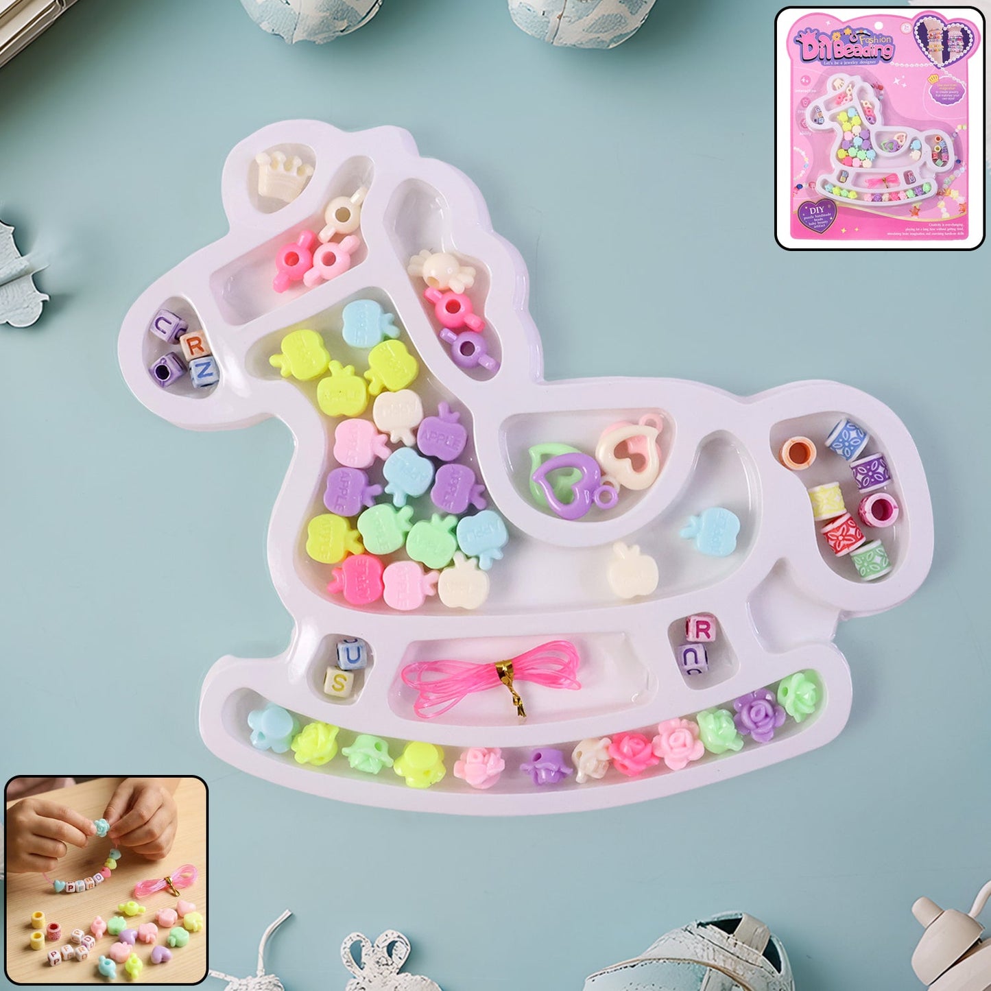 Colorful DIY kids beads jewellery making set with alphabet and flower beads in organized tray
