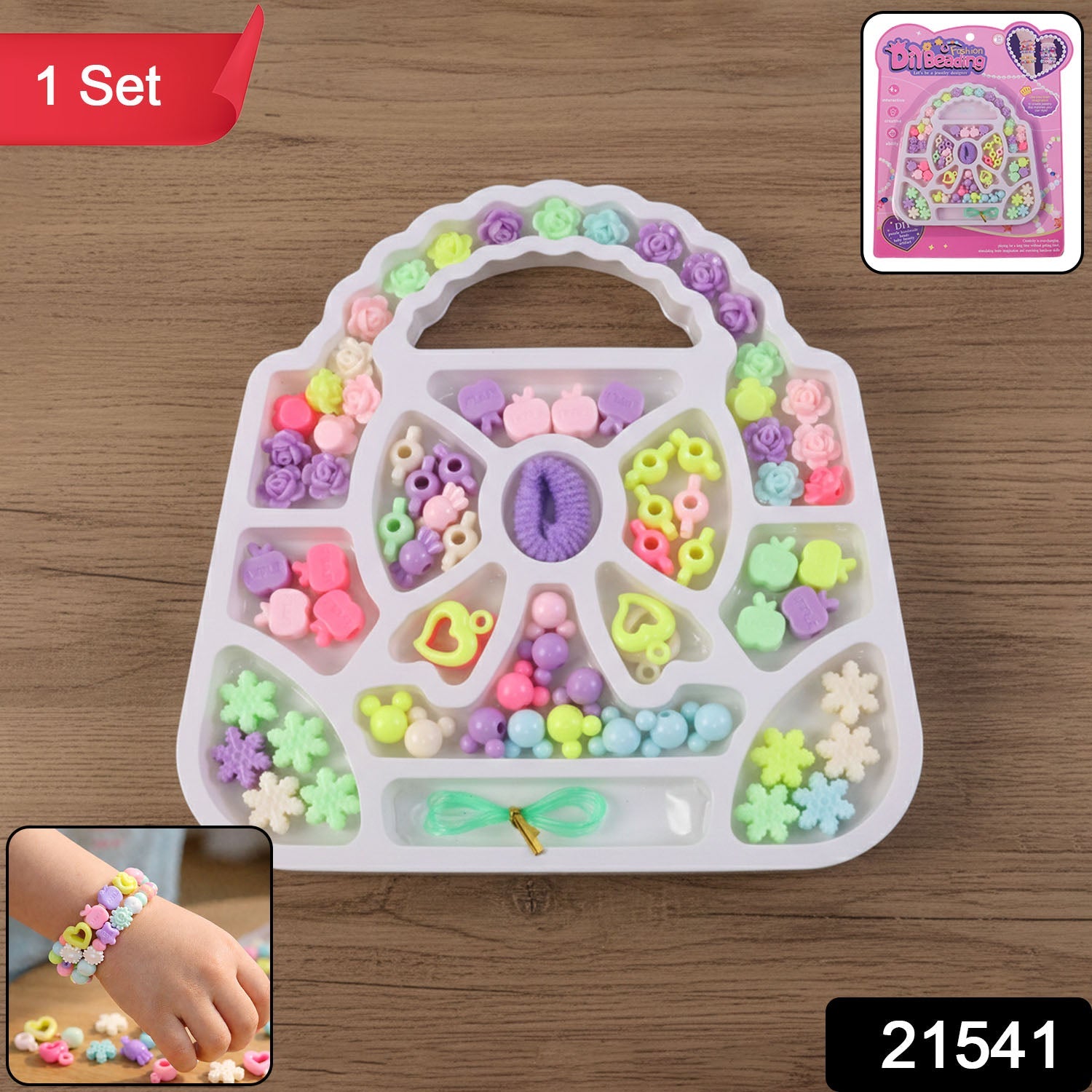 Close-up of assorted flower and apple beads in jewellery making kit