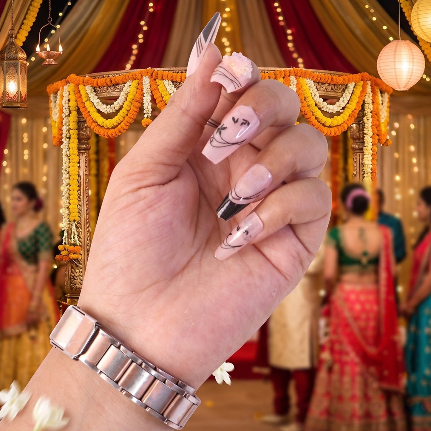 Side view showing burgundy and white floral pattern on artificial press-on nails