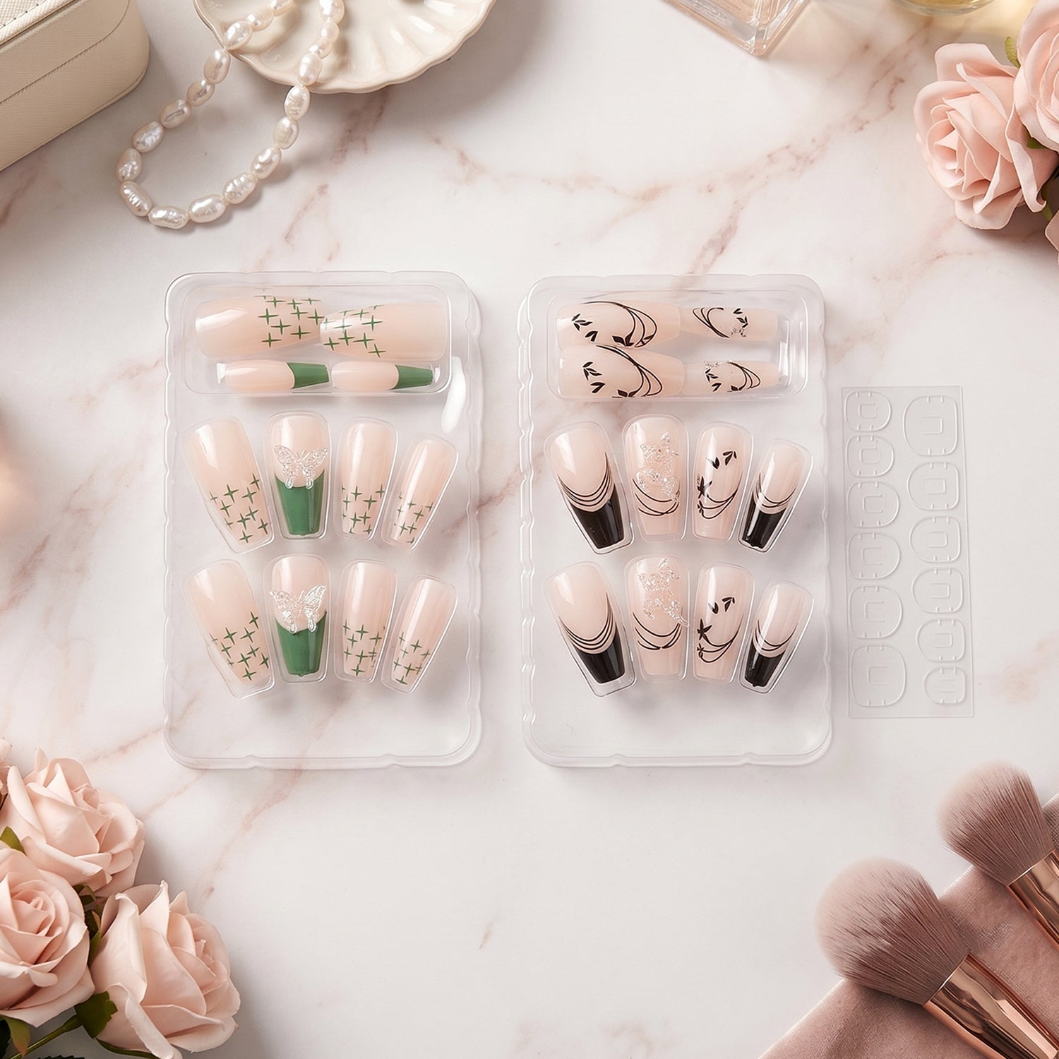 Adhesive tab application method shown with burgundy artificial nails
