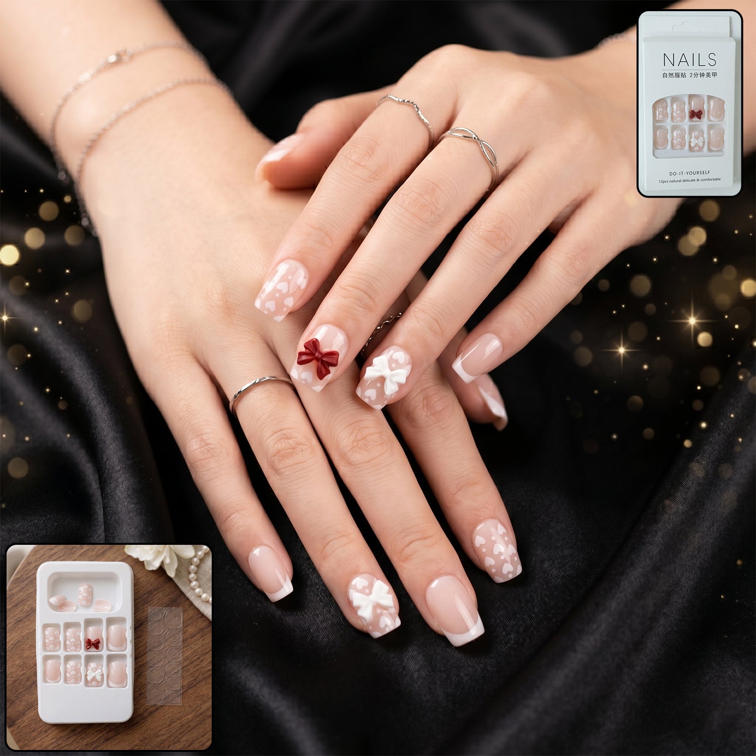 Woman's hand with glitter 3D floral press-on nail tips showcasing detailed floral and crystal designs.