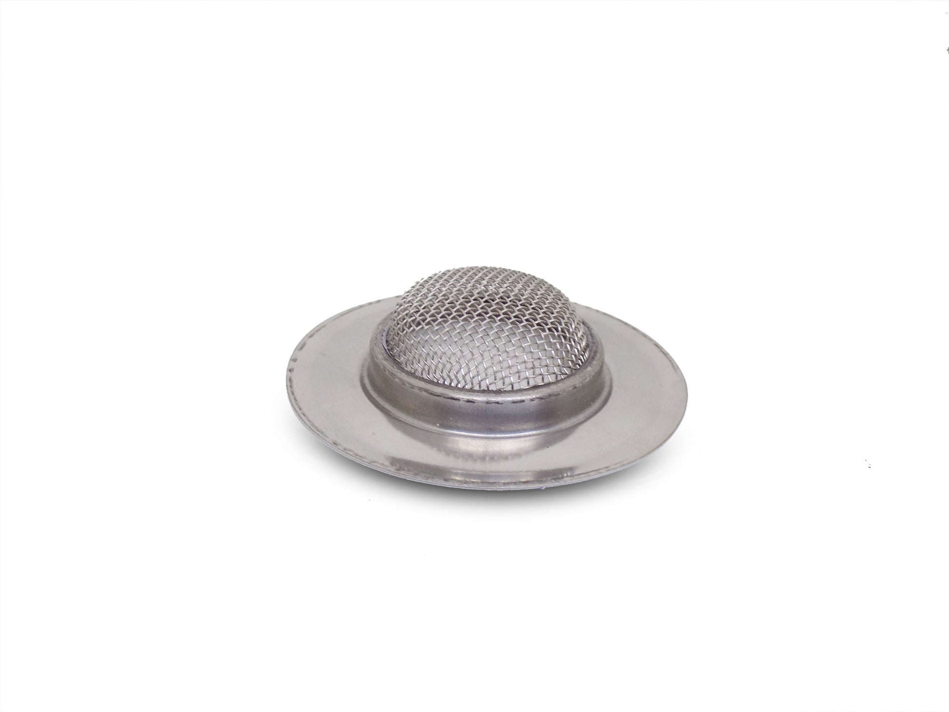 A single stainless steel sink strainer ready to be installed.