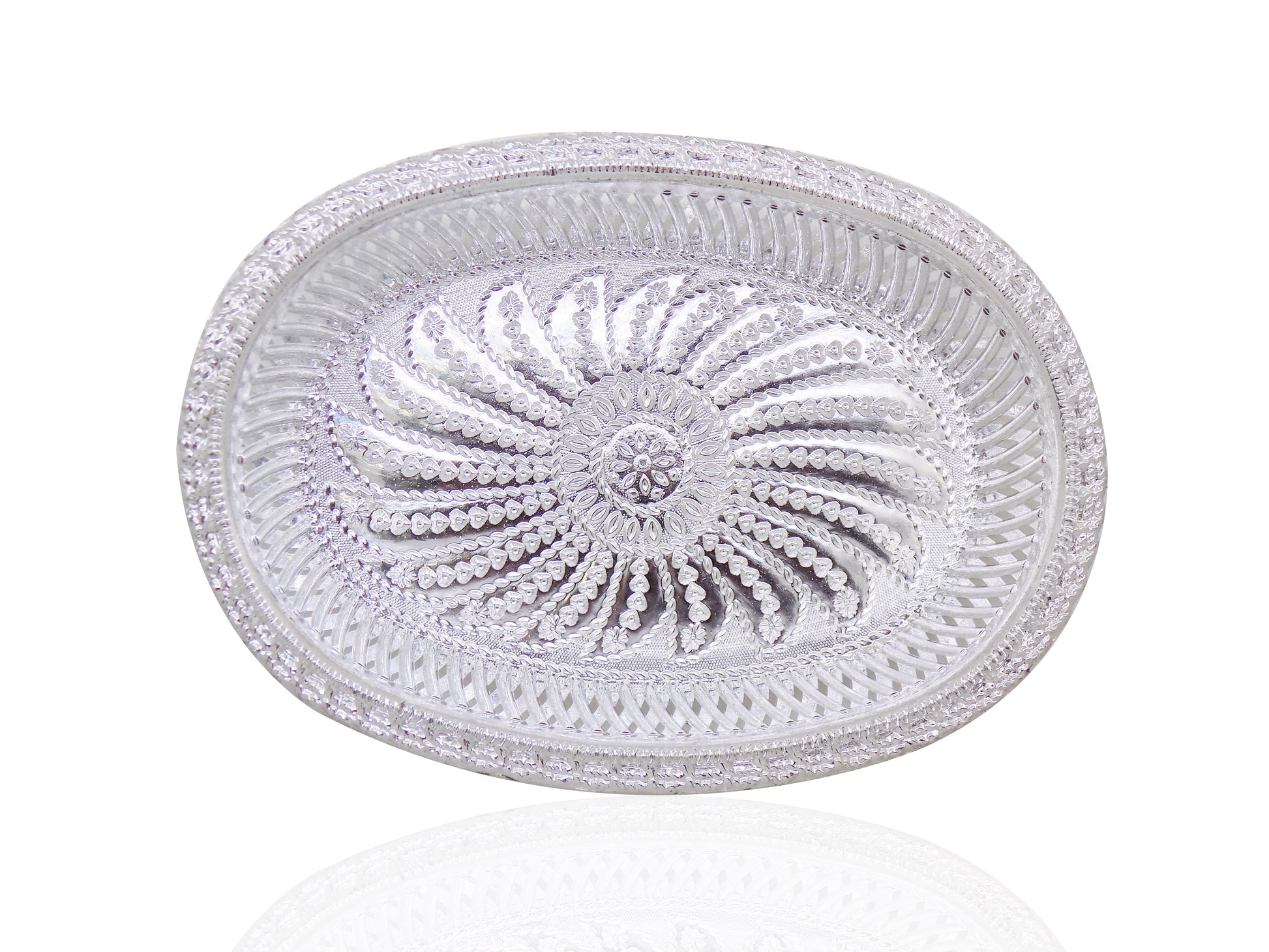 Top-down view of the oval silver serving tray, ideal for festive spreads.