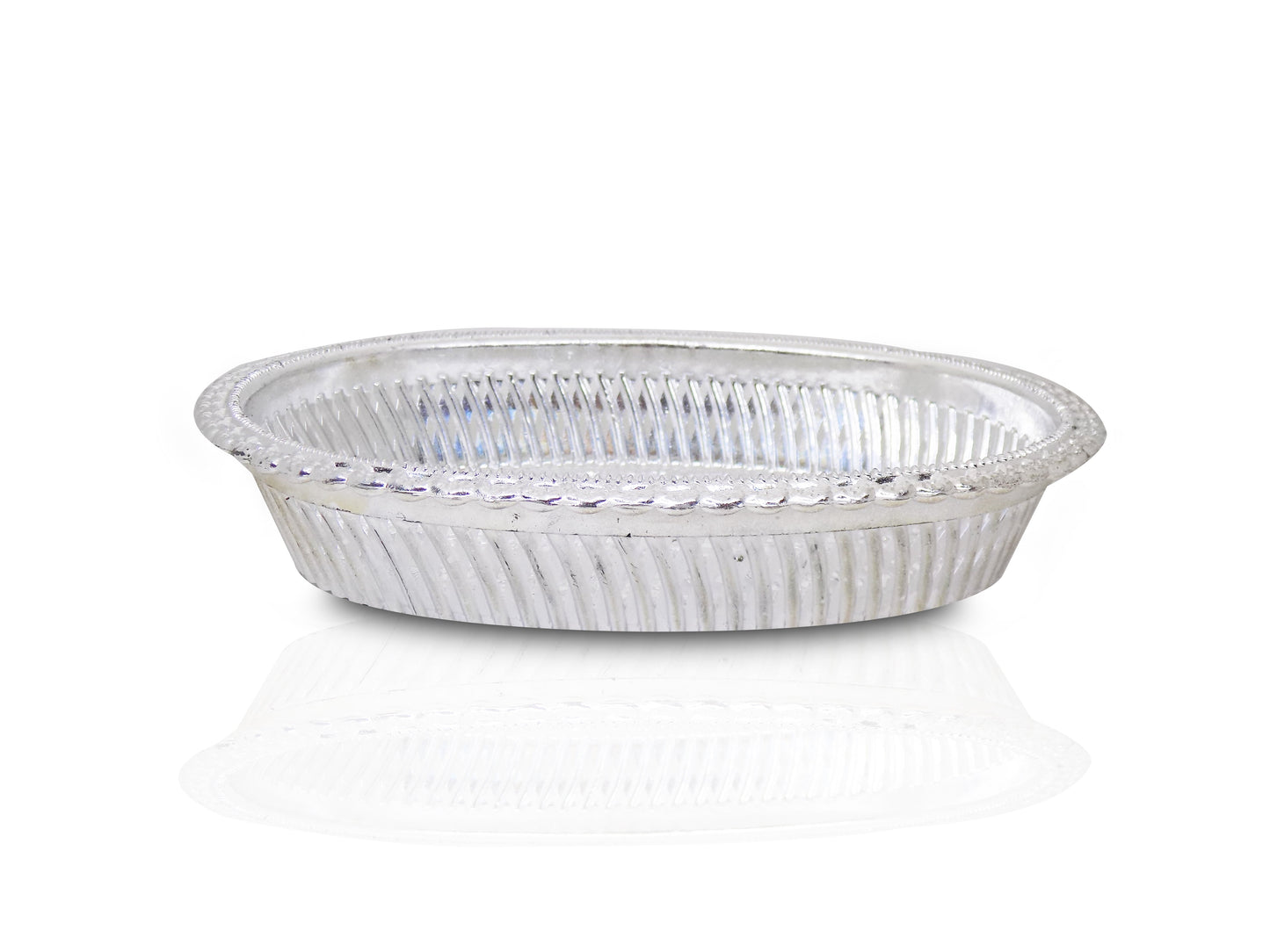 Elegant oval silver tray showcasing its royal embossed design.