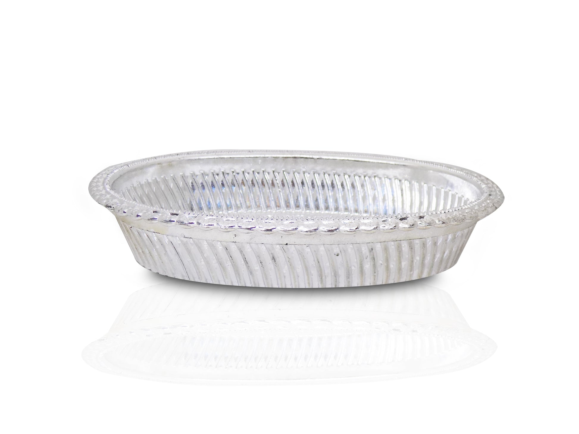 Elegant oval silver tray showcasing its royal embossed design.