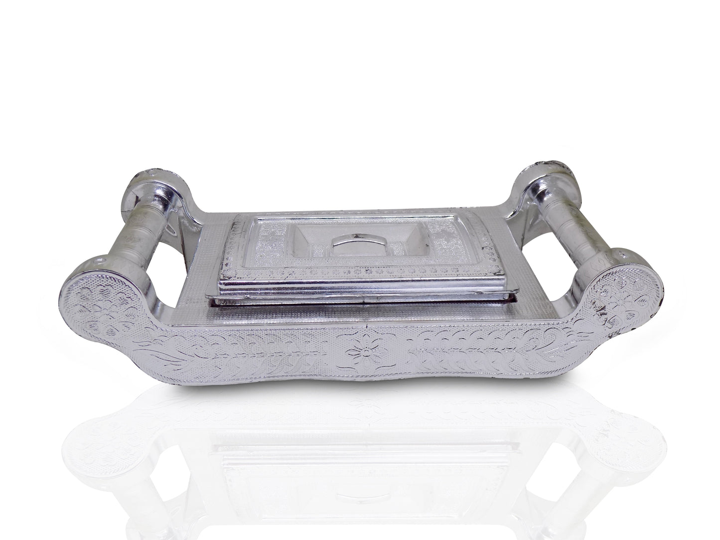 Elegant silver storage box with four sections for gifts and dry fruits.