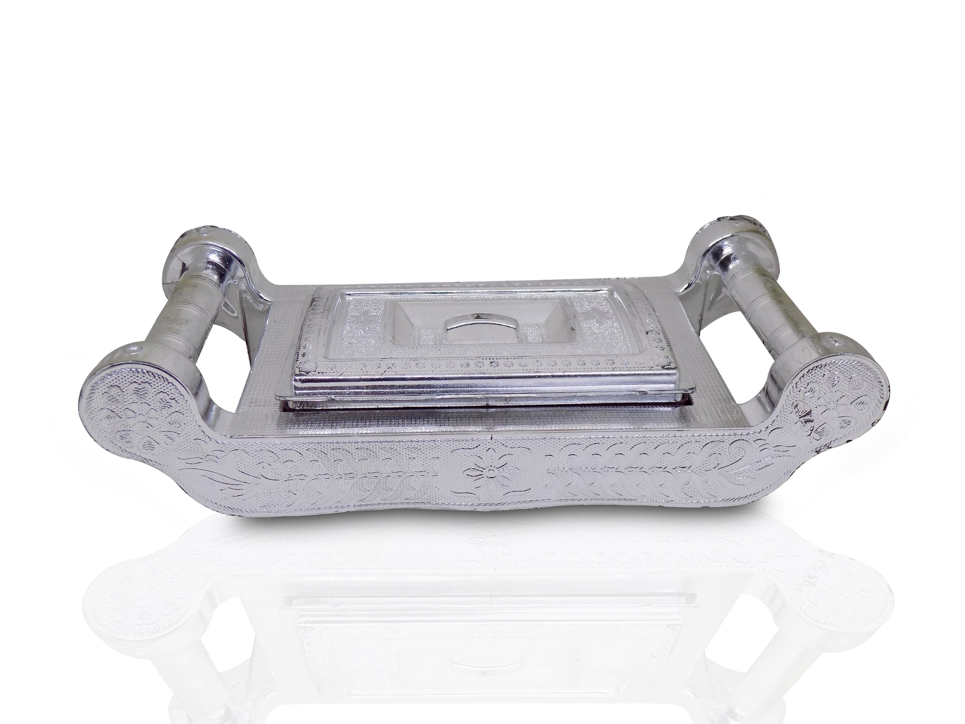 Elegant silver storage box with four sections for gifts and dry fruits.