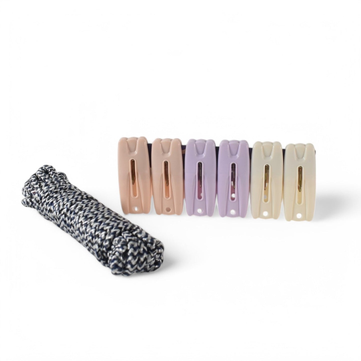 Complete cloth drying rope set ready for hanging laundry