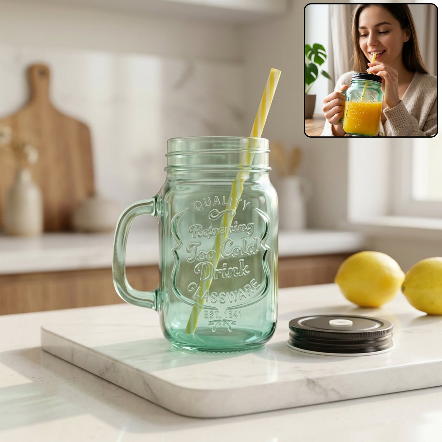 Clear glass Mason Jar with Handle and reusable BPA-free straw.