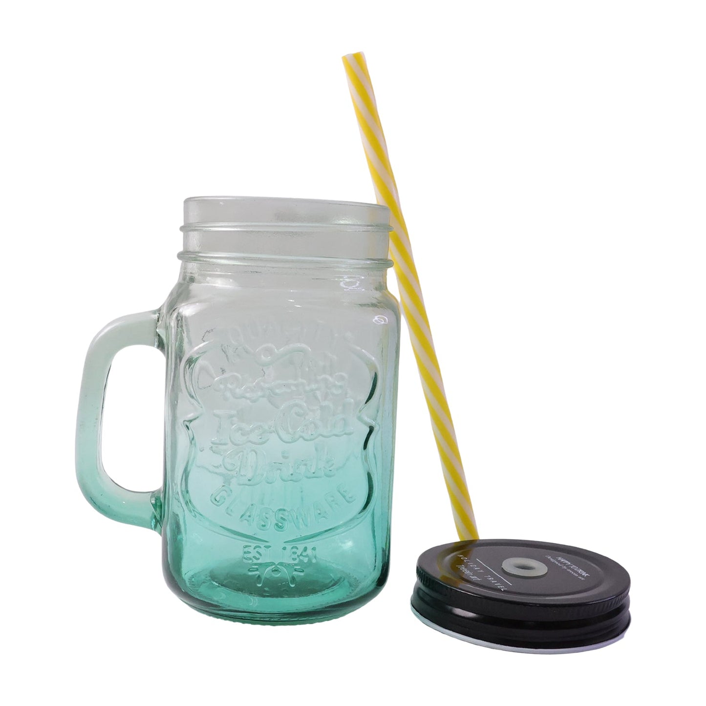 Transparent Mason Jar with Handle highlighting its thick, high-quality glass construction.