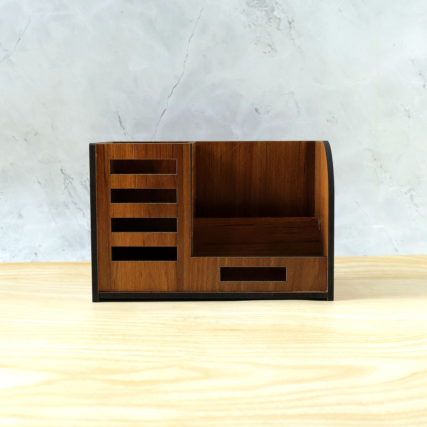 Tabletop wooden organizer designed for pens and small accessories