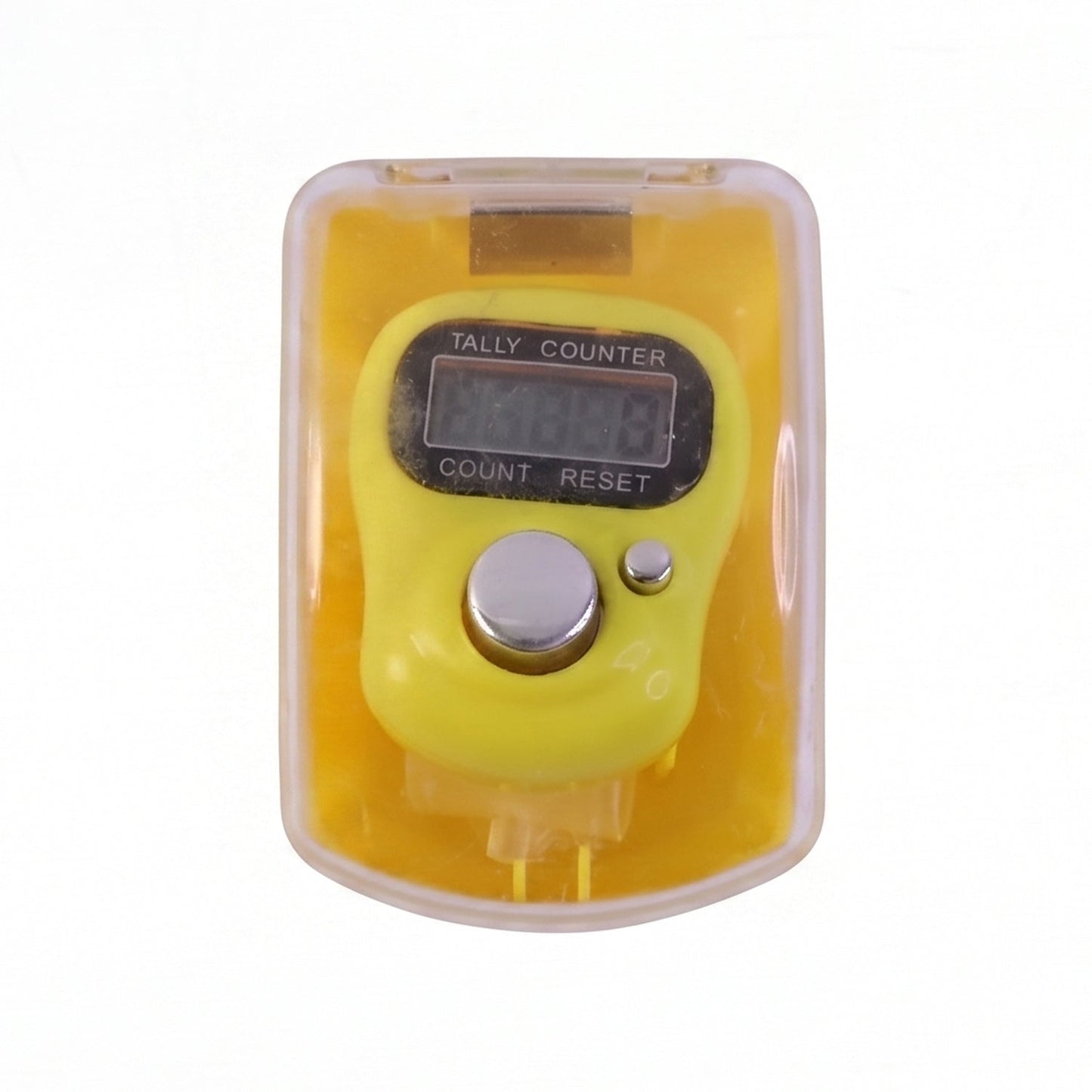 Close-up of digital finger tally counter button and screen during use