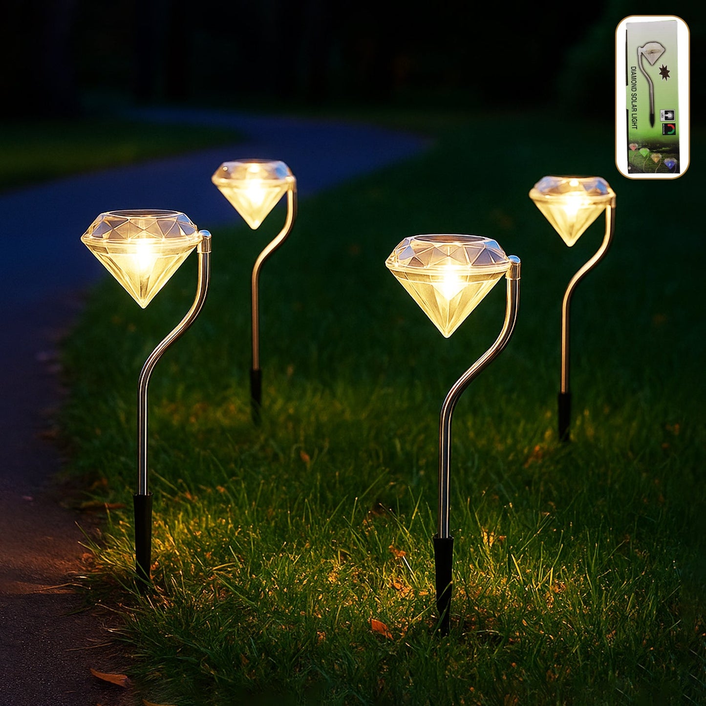 Set of 4 diamond solar garden lights illuminating a garden path at dusk with warm LED light