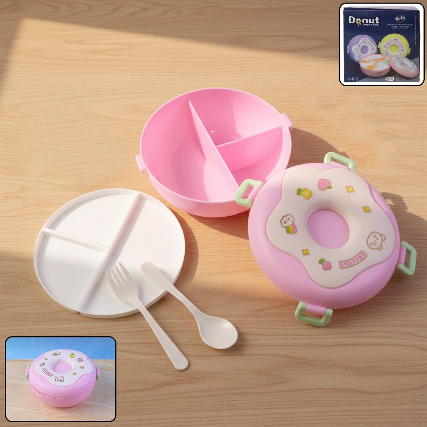 Donut Lunch Box, front view, in vibrant mixed colors.