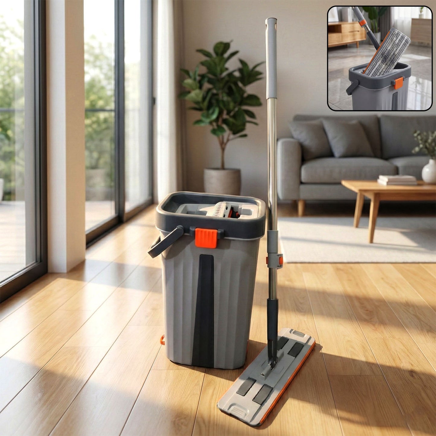 Big size flat mop with bucket set featuring easy press wringer for home cleaning
