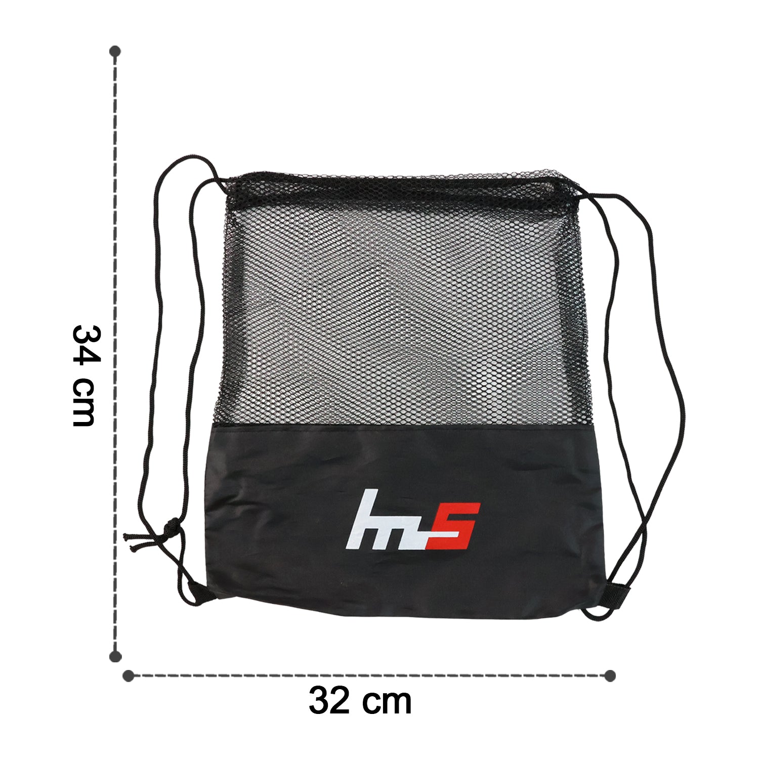 Dimensions of the foldable mesh drawstring gym sack for easy storage.