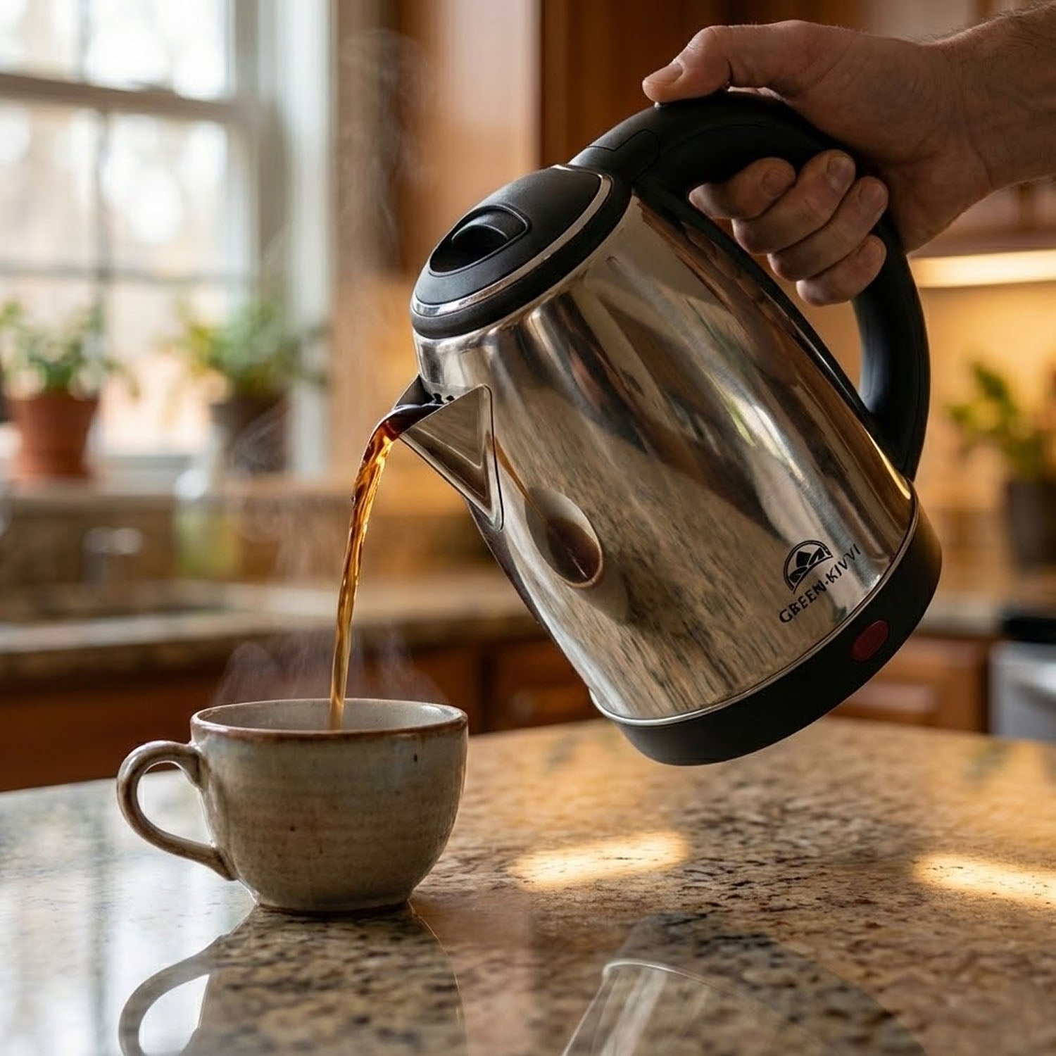 Electric kettle with secure lid and precision spout to prevent spills