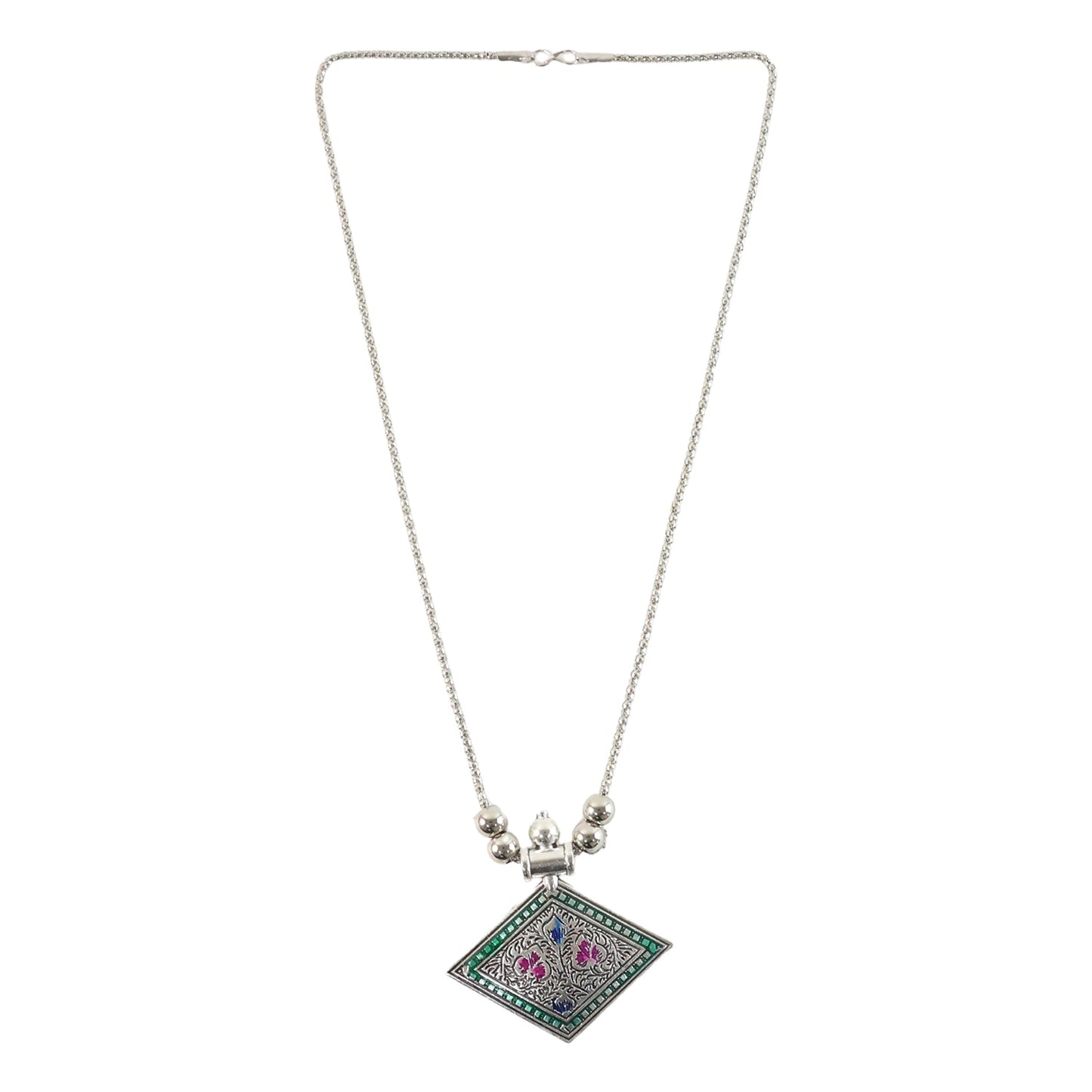 Beaded chain of oxidised silver pendant necklace complementing elegant ethnic style