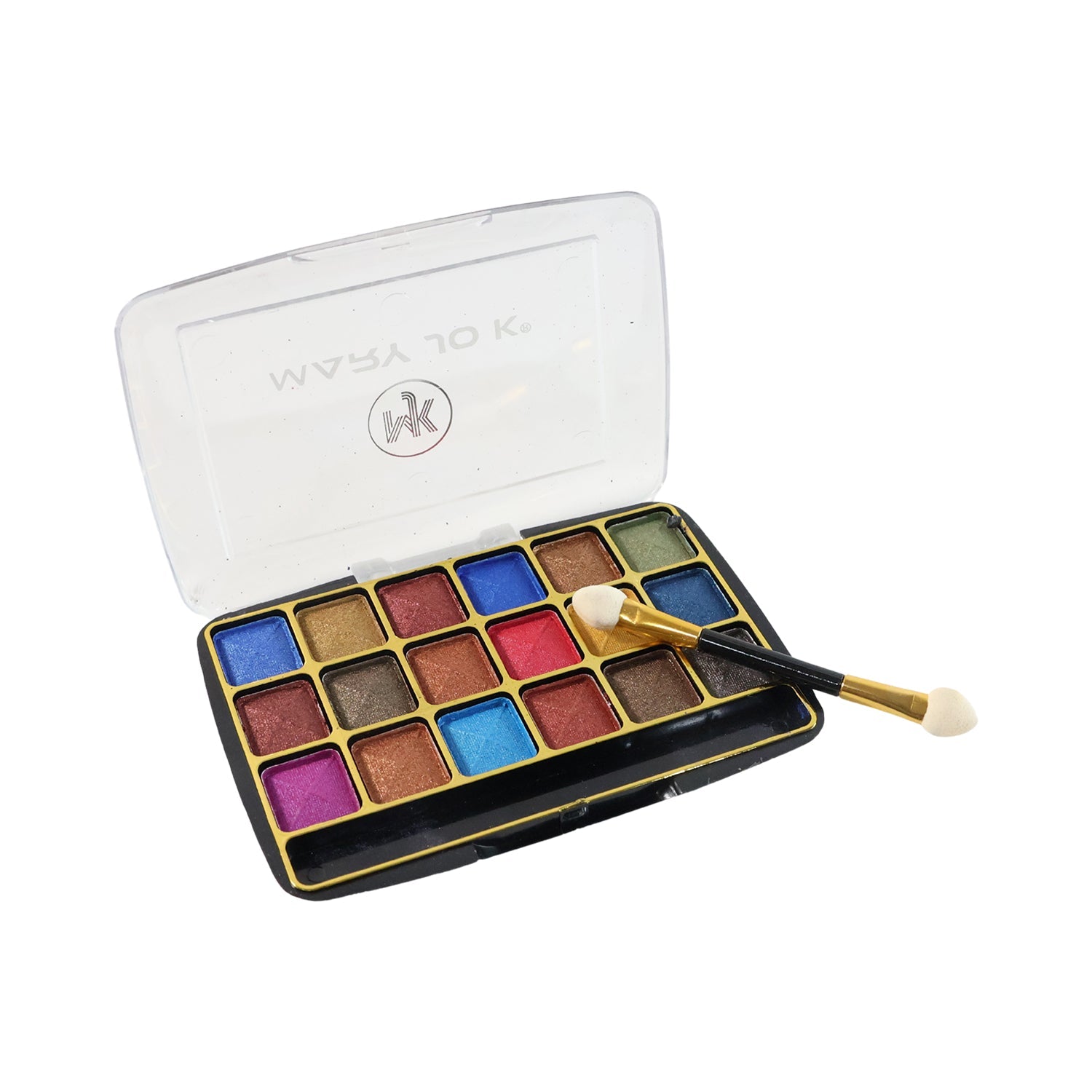 Close-up of bold shimmer eyeshadow shades in palette with vibrant colors