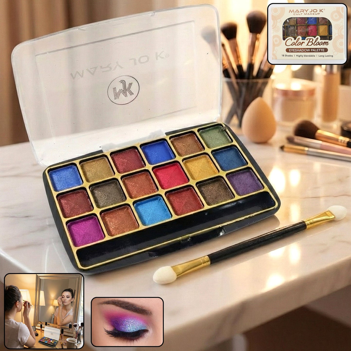 18-color shimmer eyeshadow palette closed in compact case showing sleek design
