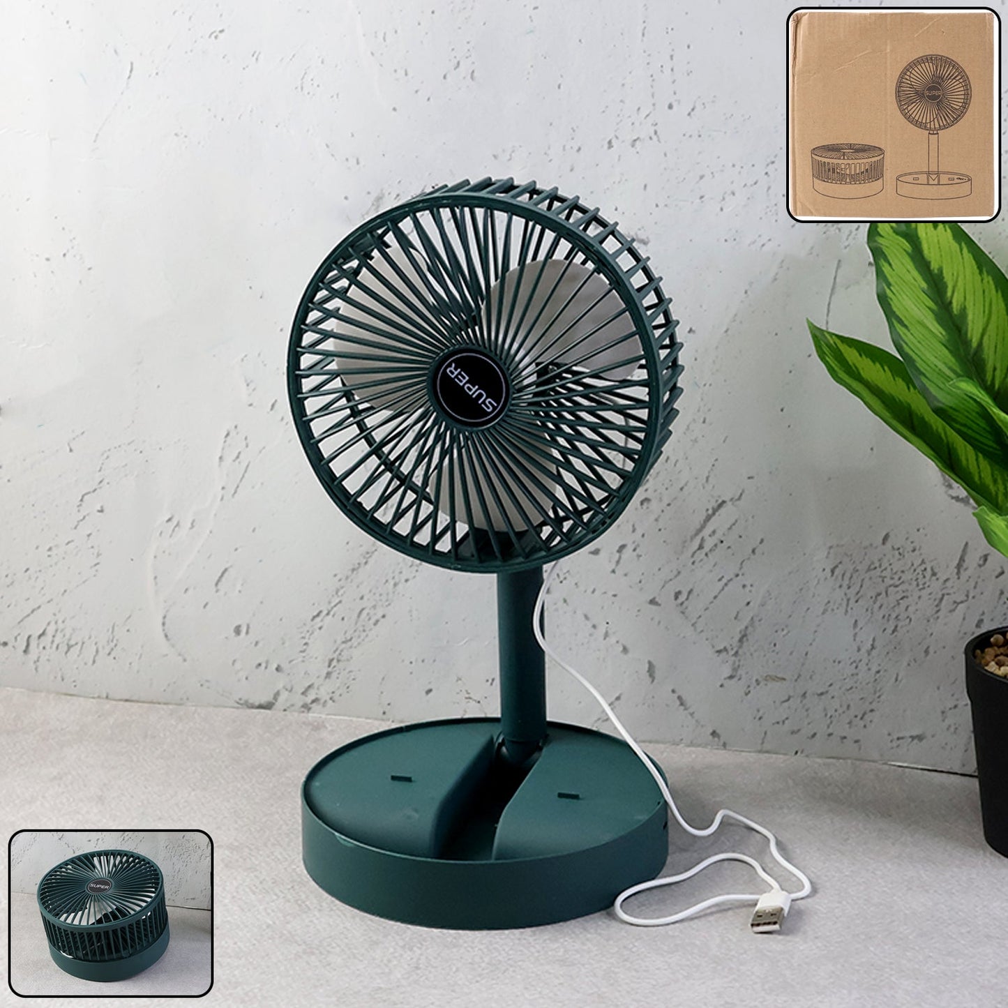 Front view of compact foldable mini USB desk fan in matte finish