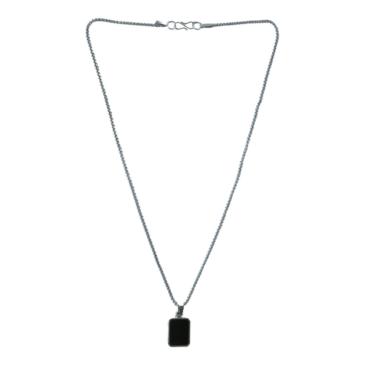 Close-up of men's stainless-steel box chain design on pendant necklace