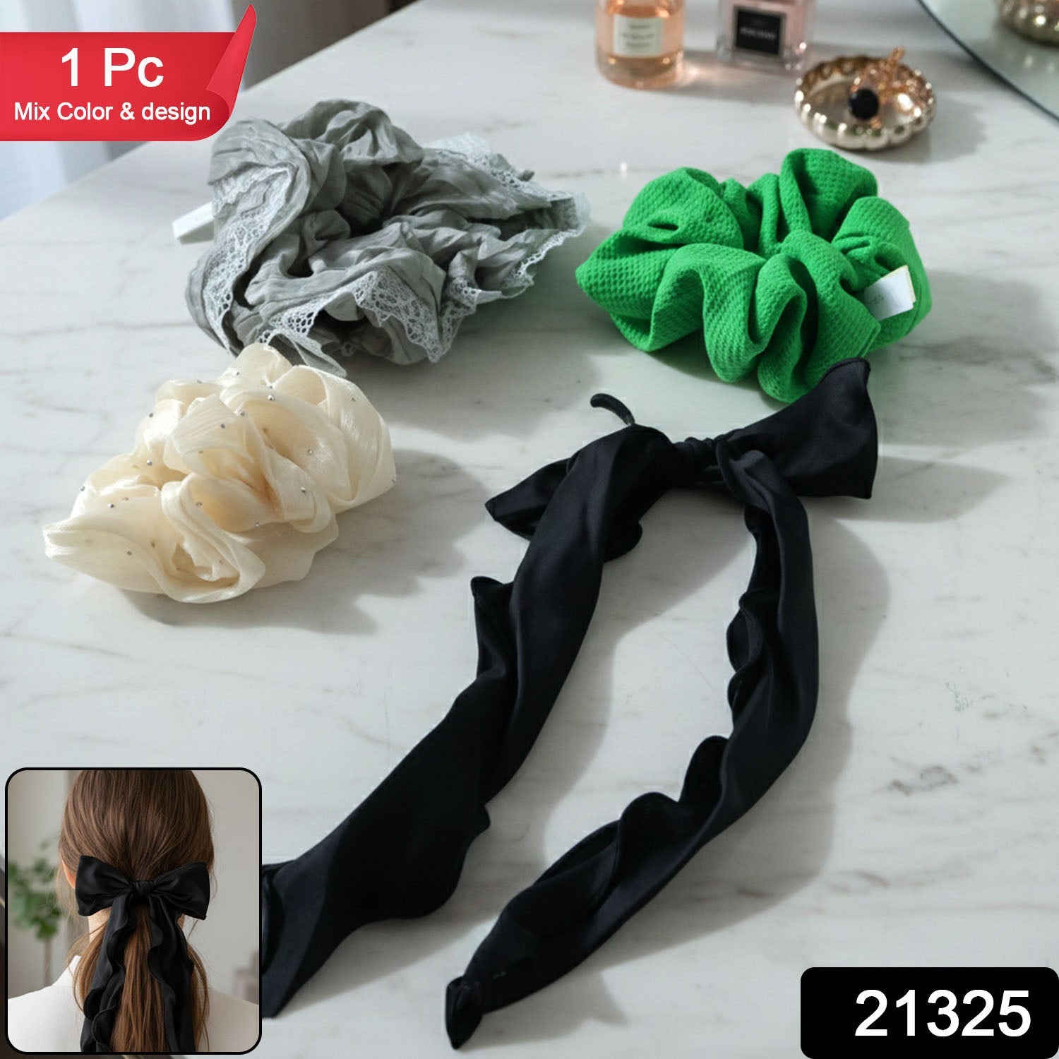 Stretchable bow tie hair scrunchie featuring soft fabric for secure hold