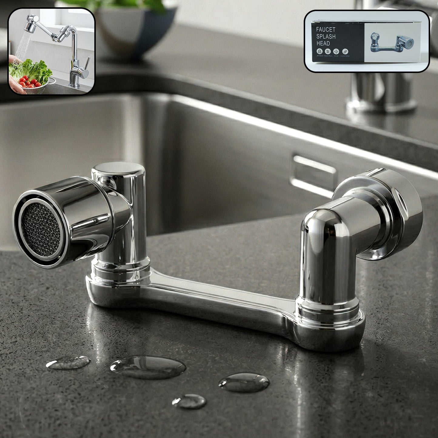 360 rotating faucet splash head in use in kitchen sink