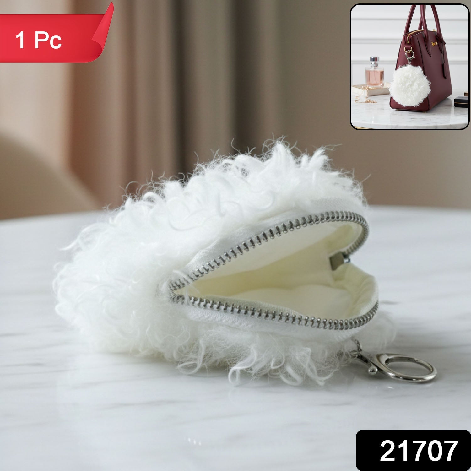 Compact fluffy small coin wallet product shot with keychain hook