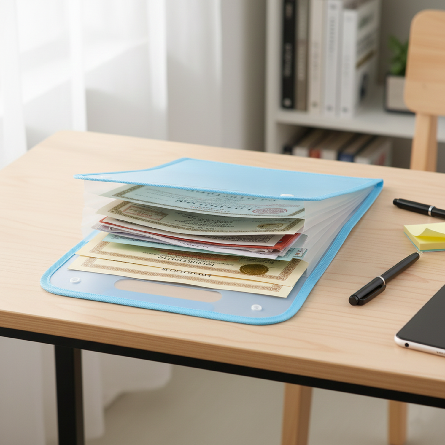 Angled view of 13 pocket document file folder in plastic