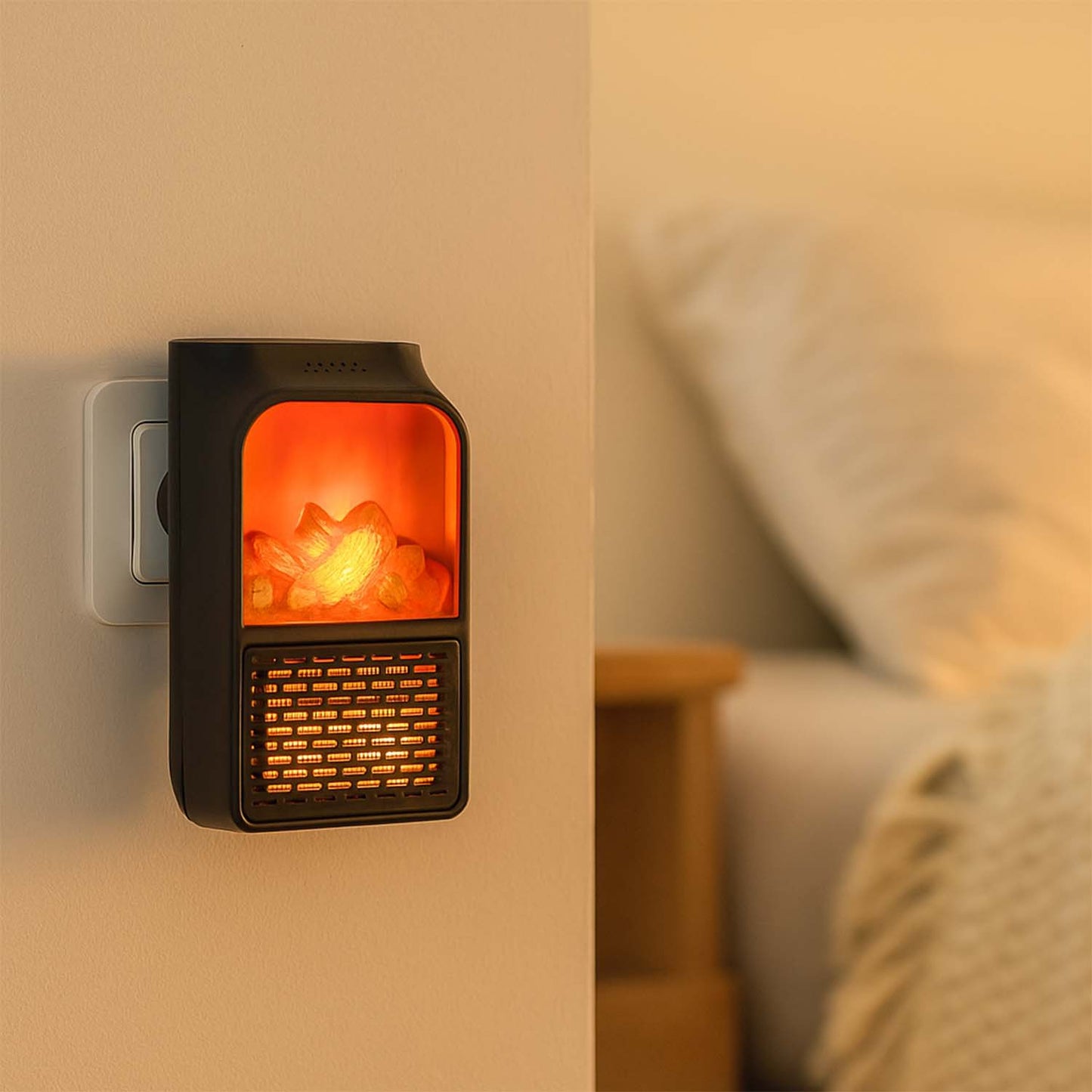 Electric fireplace heater providing warmth and ambiance on an office desk.