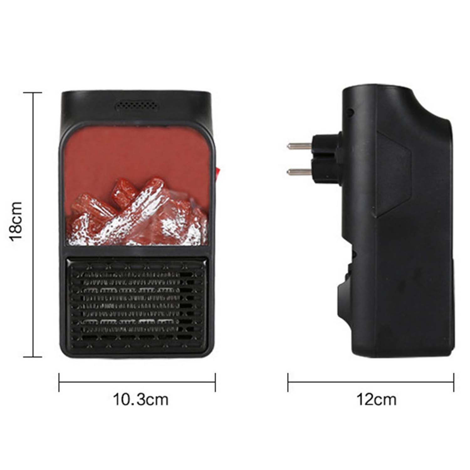 Size comparison showing the compact design of the  electric heater.