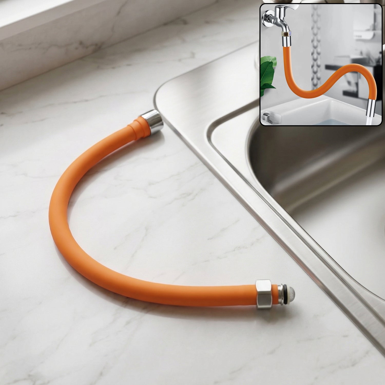 Flexible silicone water tap extender pipe at kitchen sink